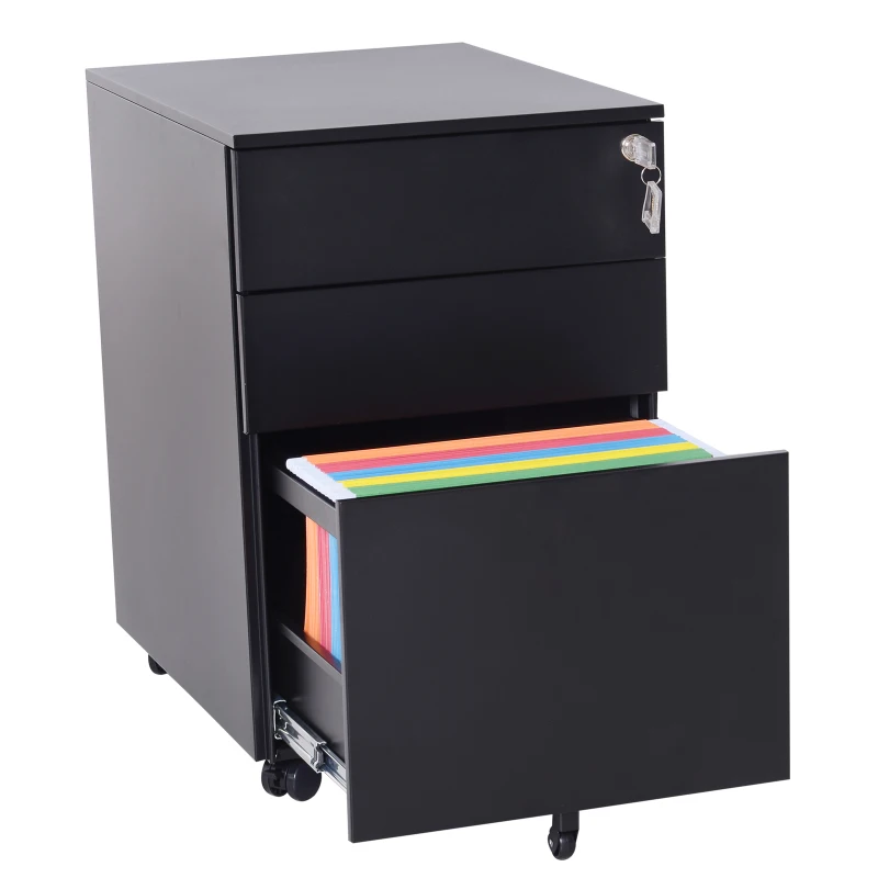 Vinsetto 24" Metal 3 Drawer Locking Under Desk Filing Cabinet On Wheels - Black