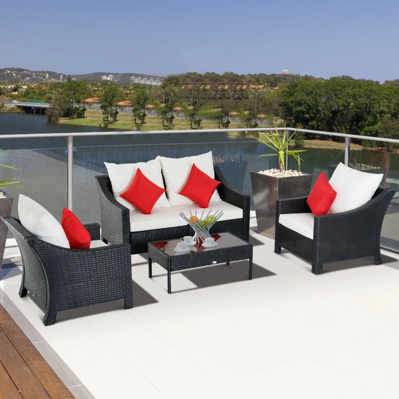 Outsunny 4 Piece Outdoor Patio Rattan Wicker Loveseat and Chair Set