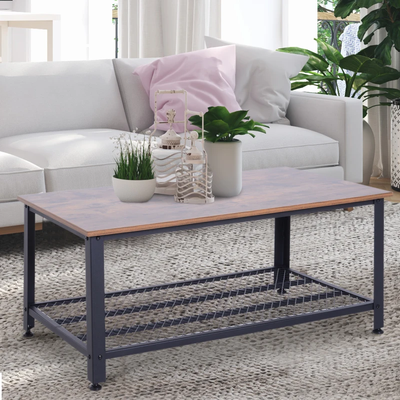 Industrial Style Coffee Cocktail Table Modern with Storage Shelf for Living Room Wood Grain Look