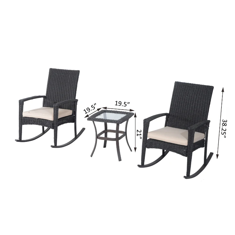Outsunny 3 Piece Outdoor PE Rattan Wicker Rocking Chair and Tea Table Set - Dark Grey/ Cream