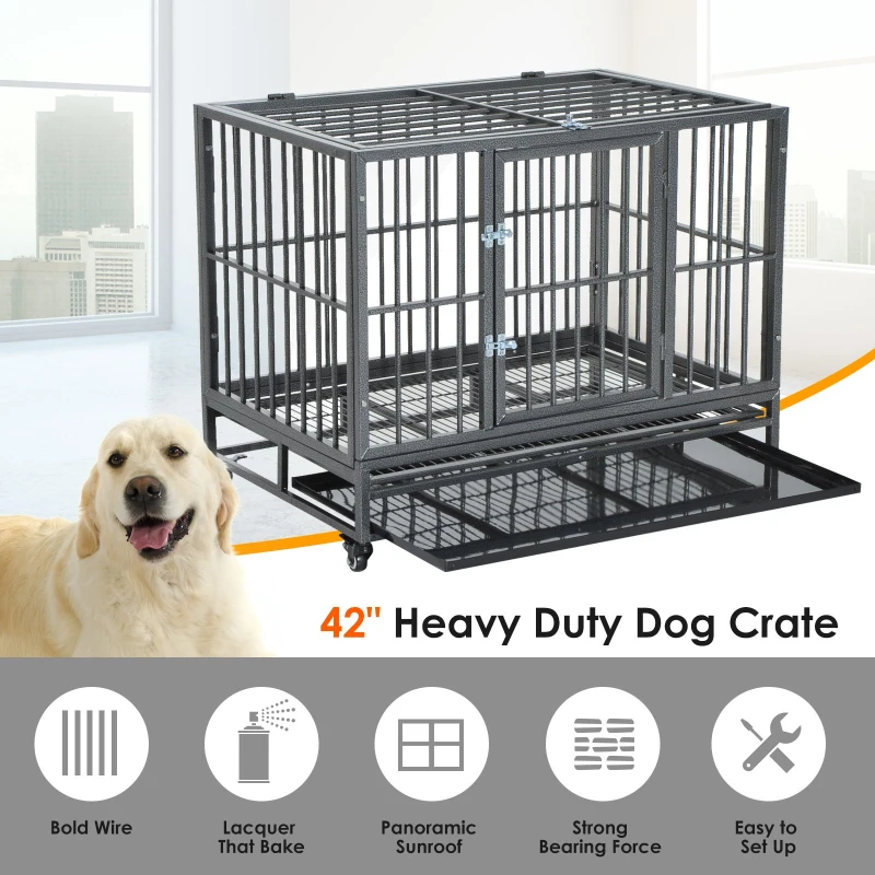 PawHut 42" Stainless Steel Elevated Indestructible Dog Kennel Rolling Pet Crate With Dual Pans