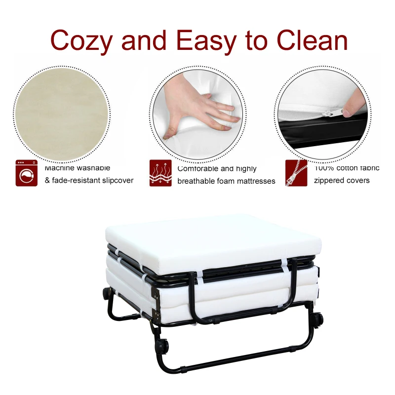 HomCom Twin Size Folding Convertible Sleeper Bed Ottoman with Beige Slipcover