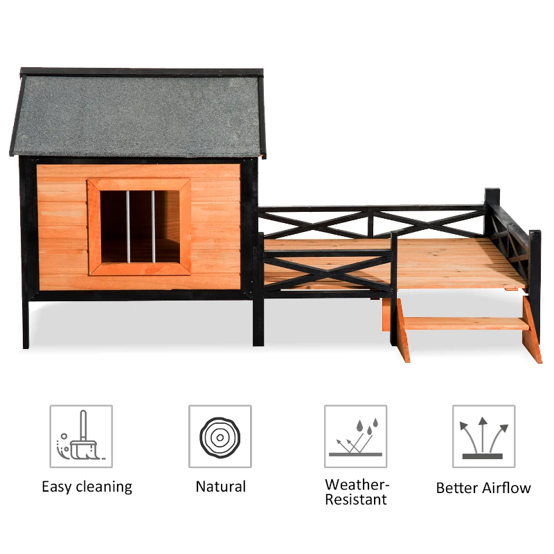 PawHut 67" Large Wooden Cabin Style Elevated Indoor and Outdoor Pet Dog House Kennel with Porch