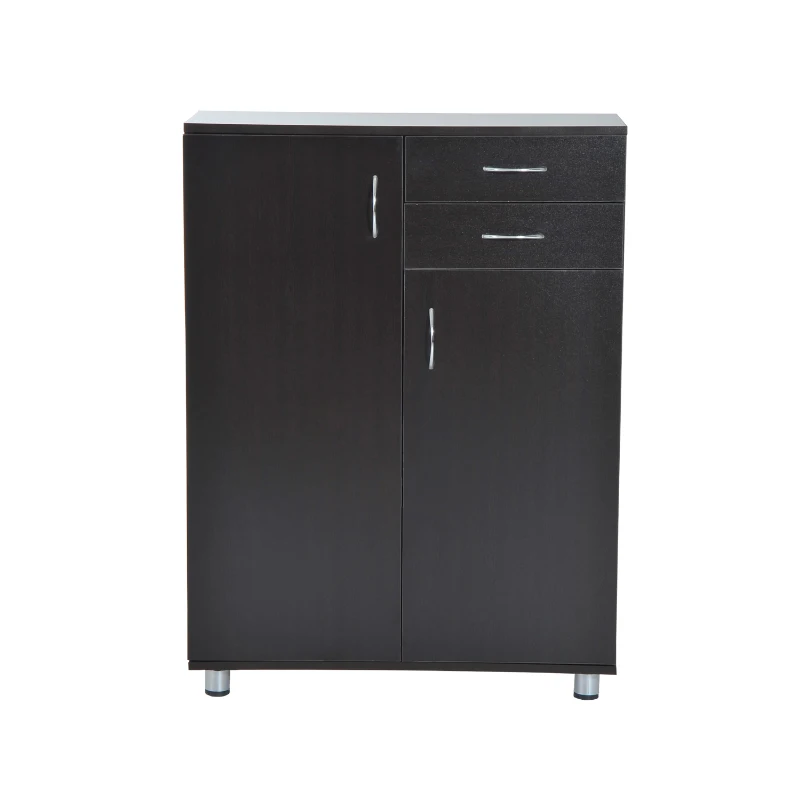 HomCom Wooden Two Door Shoe Shelf Storage Organizer With Drawers - Dark Coffee