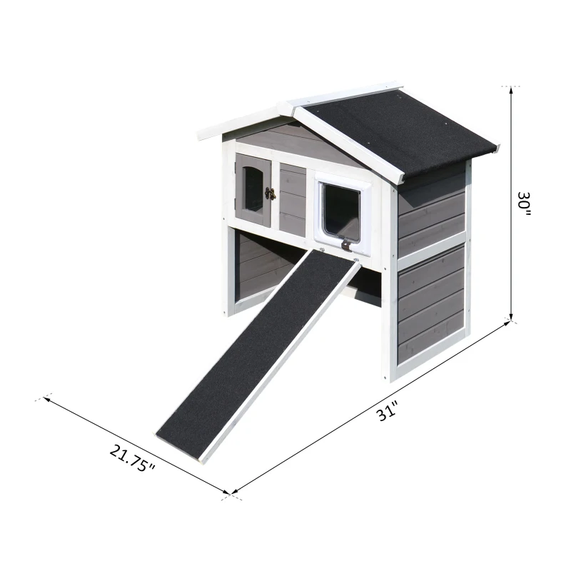 PawHut Solid Wood Cat Condo - Natural Water-Proof Outdoor 2-Floor Pet Shelter