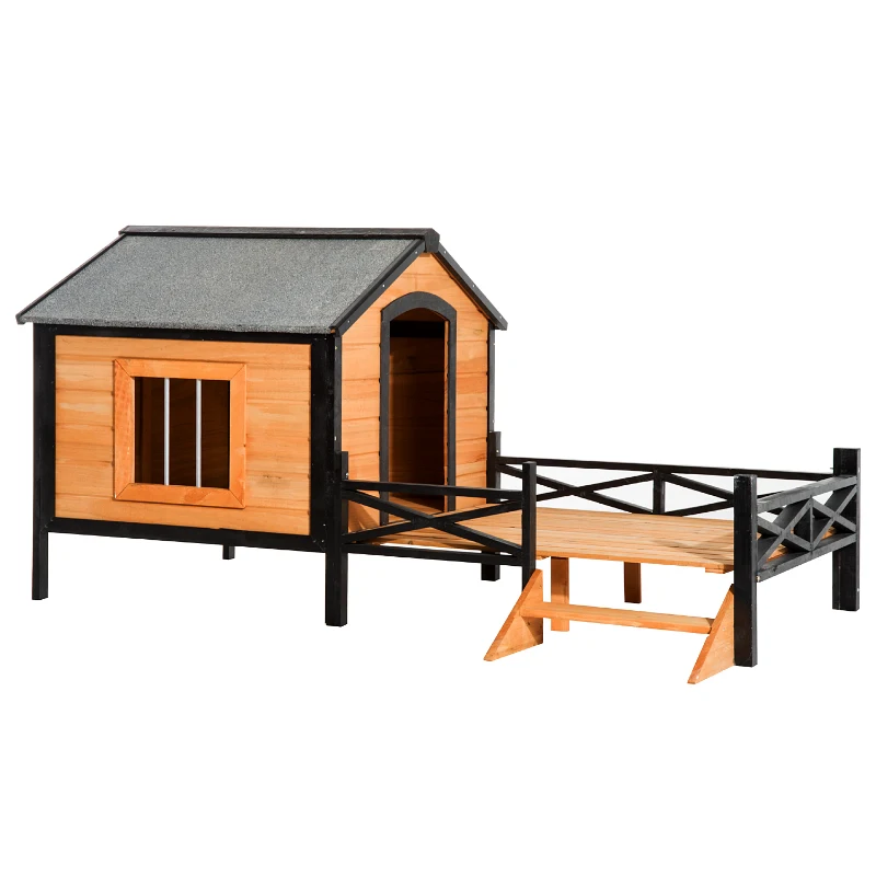 PawHut 67" Large Wooden Cabin Style Elevated Indoor and Outdoor Pet Dog House Kennel with Porch