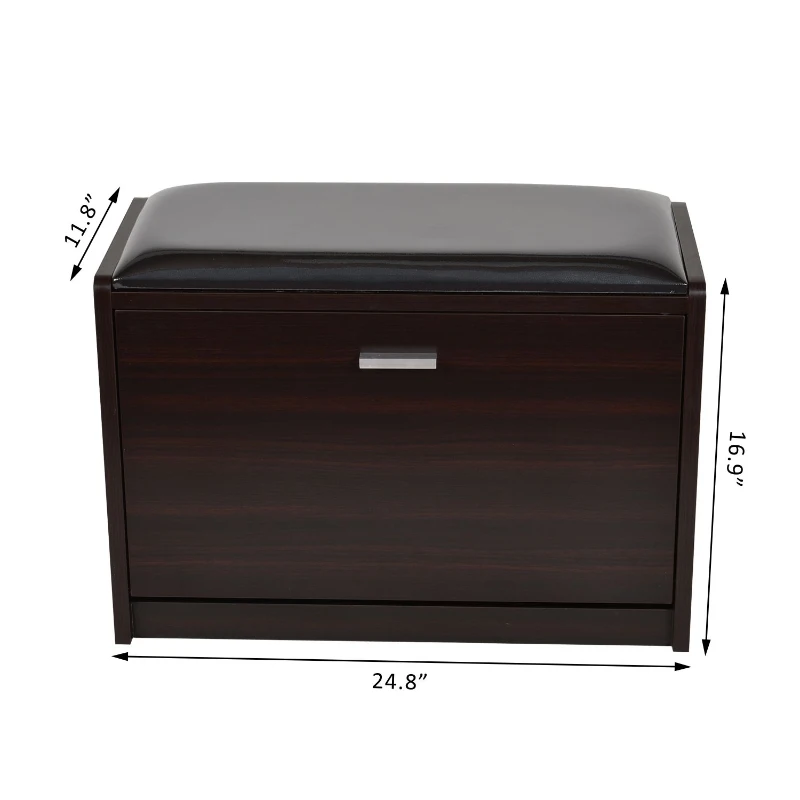 HomCom Compact Wooden Cube Ottoman 9 Pair Shoe Rack Storage Bench - Dark Brown Wood Grain