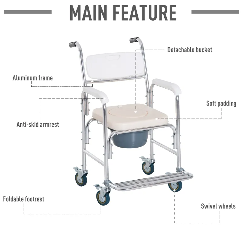 HomCom Personal Mobility Durable Waterproof Shower Accessible Transport Commode Medical Rolling Chair
