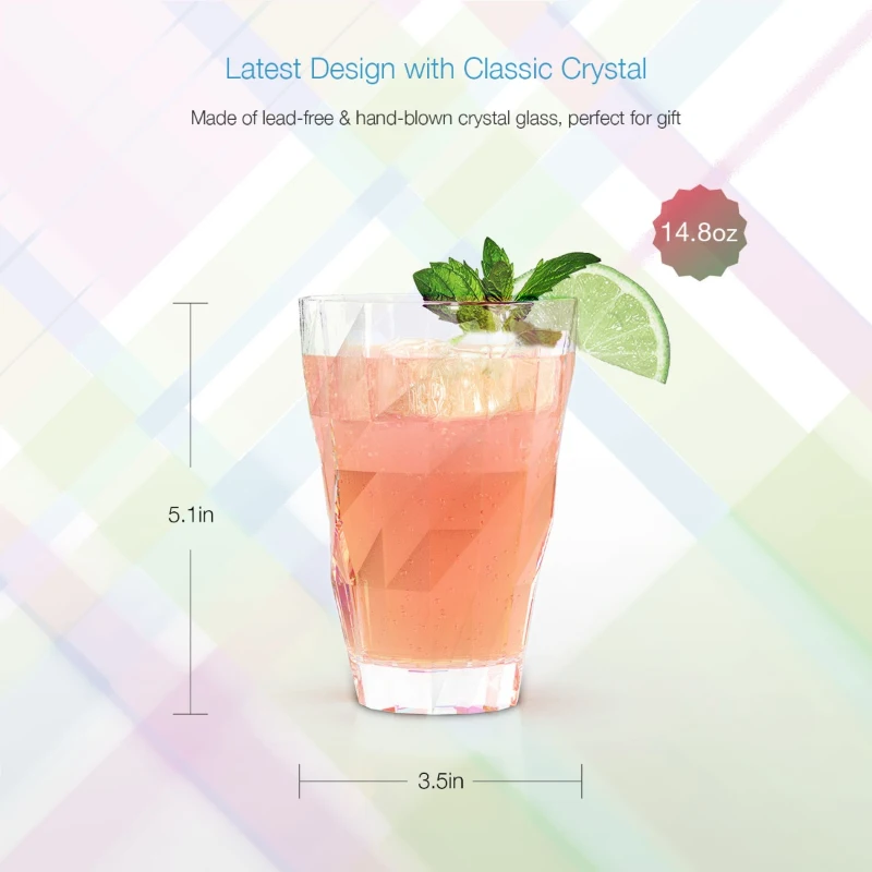 D.M. DESIGN-MASTER Highball Glasses - Stemless Glass for Wine, Martini, Champagne, Beer, Cocktail - No Lead Premium Hand-Blown Crystal Glass, 14.8 oz. - Set of 2