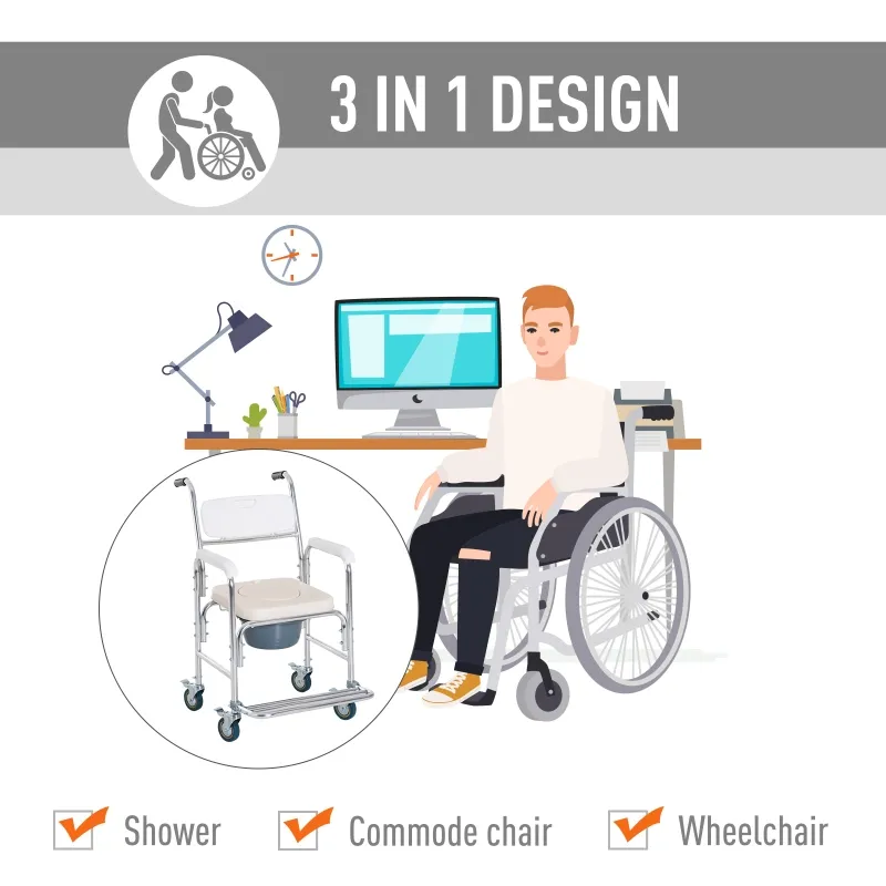 HomCom Personal Mobility Durable Waterproof Shower Accessible Transport Commode Medical Rolling Chair