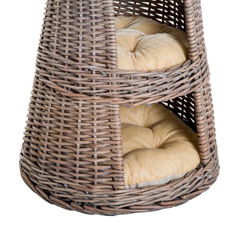 PawHut 24" 3 Tier Round Rattan Wicker Elevated Cat Bed Condo with Cushions