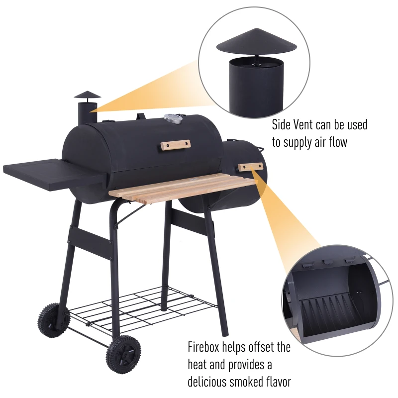 Outsunny 48" Steel Portable Backyard Charcoal BBQ Grill and Offset Smoker Combo with Wheels