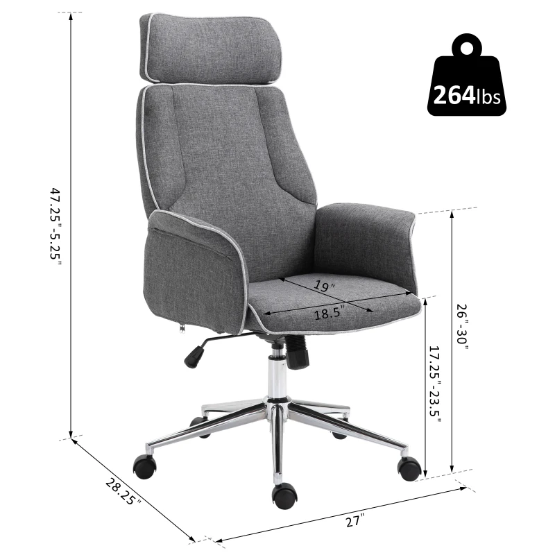 Vinsetto Adjustable Linen Fabric Swivel Home Office Chair with Arms  Upholstered  High Back  Grey