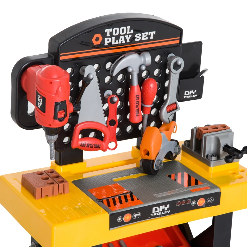 Qaba 53 Piece Kids Portable Pretend Play Toy Tool Workshop Bench Table Set with Shelf