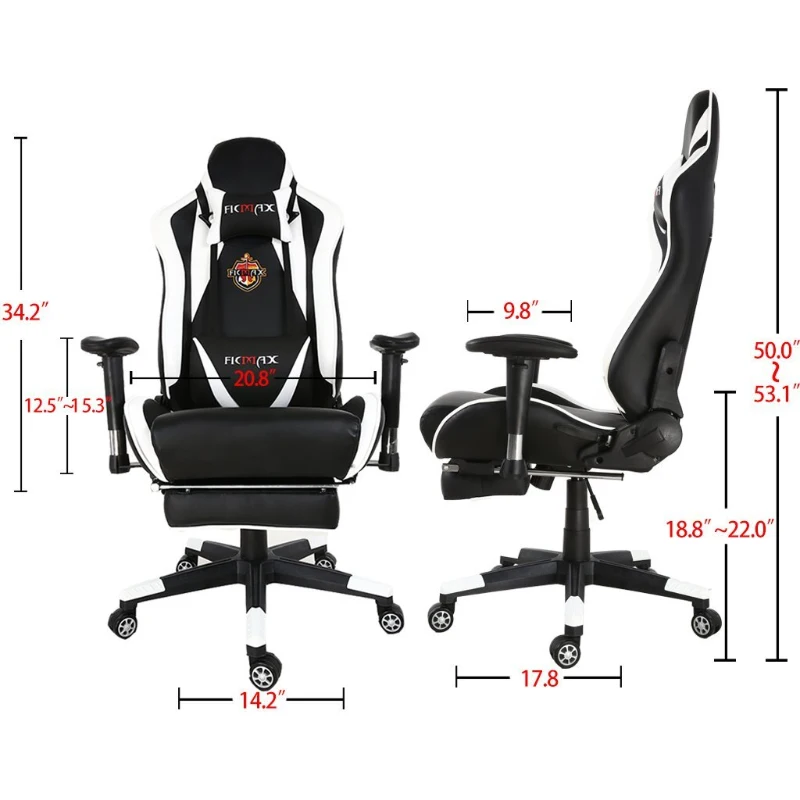 Ficmax Large Size Executive Racing Style Computer Gaming Chair with Lumbar Massage Support and Retractible Footrest - White/Black