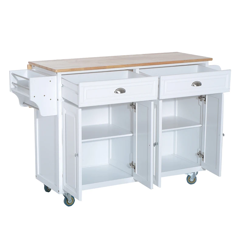 HomCom Kitchen Rolling Island Cart with Drawers Wood Top Drop-Leaf Table Cart on Wheels - White