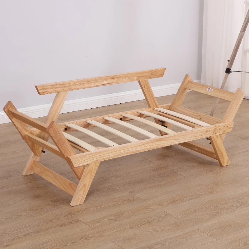 Open Box HomCom Single Person 3 Position Convertible Couch Chaise Lounger Sofa Bed - Natural Wood/Dark Blue