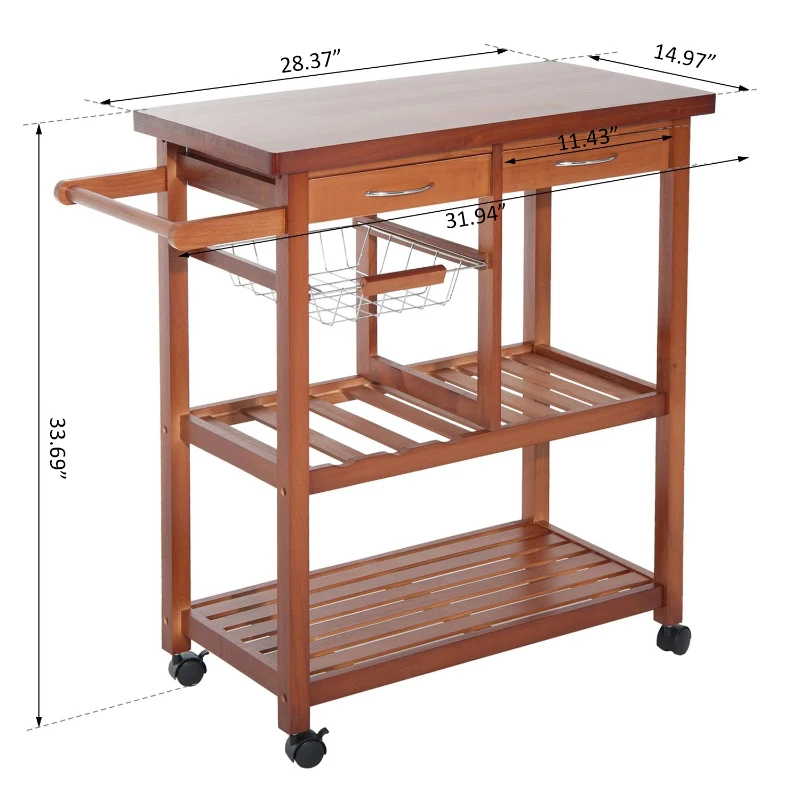 HomCom 32" Wooden Rolling Kitchen Cabinet Organizer Cart with 3 Bottle Wine Rack
