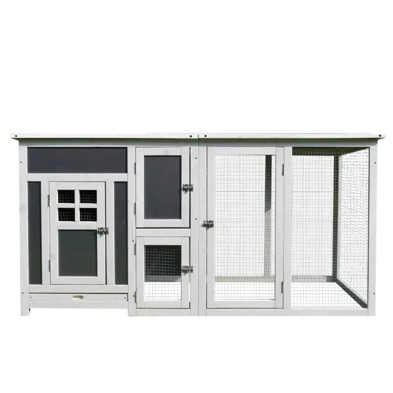 PawHut 32" Luxury Large Wooden Outdoor Open Covered Chicken Coop House with Run and Nesting Box - Gray and White