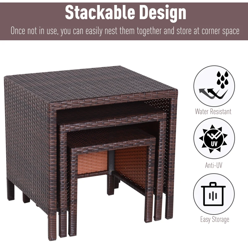 Outsunny 3 Piece Rattan Wicker Outdoor Compact Nesting Table Patio Dining Set