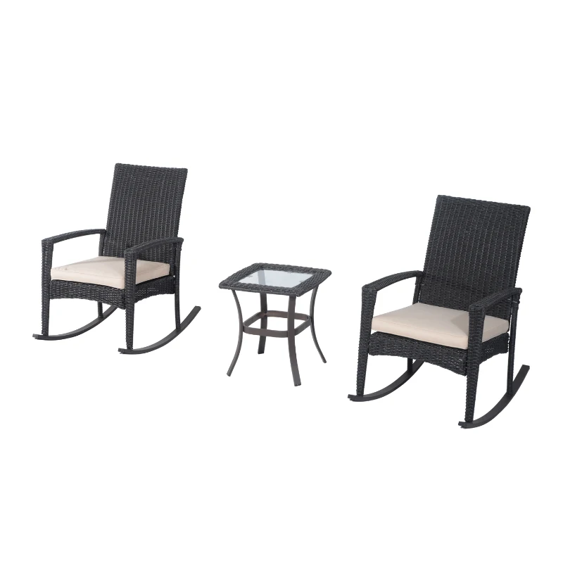 Outsunny 3 Piece Outdoor PE Rattan Wicker Rocking Chair and Tea Table Set - Dark Grey/ Cream