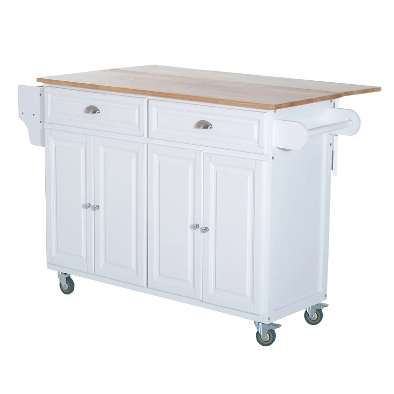 HomCom Kitchen Rolling Island Cart with Drawers Wood Top Drop-Leaf Table Cart on Wheels - White