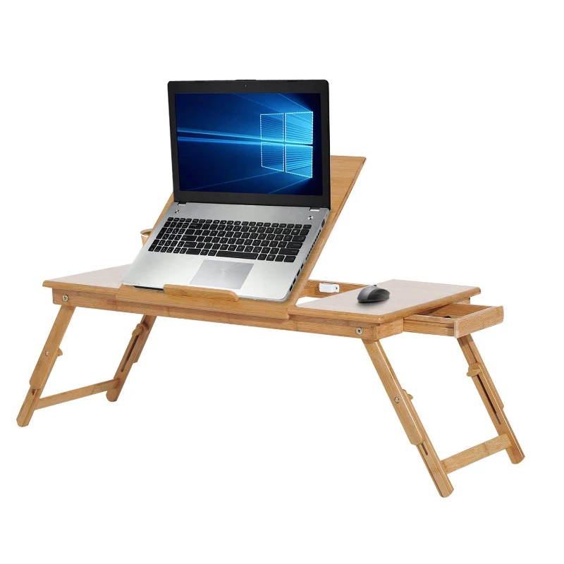 HomCom 28” Adjustable Wooden Folding Bamboo Laptop Bathtub Tray Table With Storage Drawer