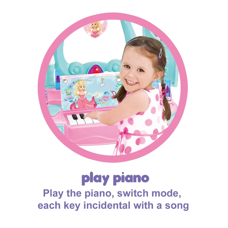 Qaba 2-in-1 Kids Pretend Play Set Piano Princess Vanity Table with Lights, Sounds and Accessories - Light Blue / Pink