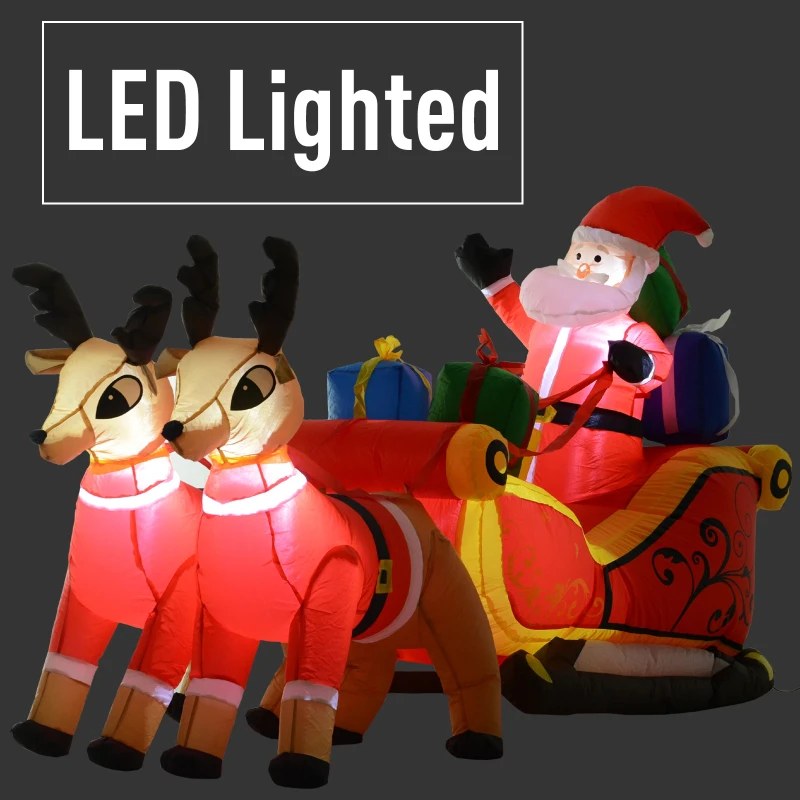 HOMCOM 7' L Christmas Holiday Yard Inflatable Outdoor  Light Up LED Inflatable Decoration  Santa on Sleigh with Reindeer