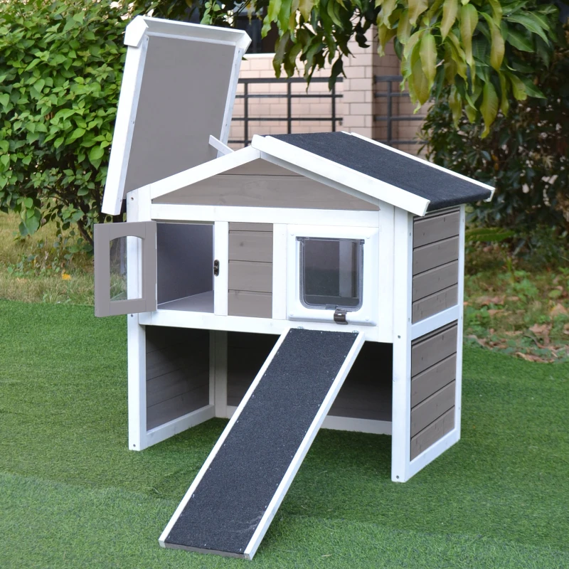 PawHut Solid Wood Cat Condo - Natural Water-Proof Outdoor 2-Floor Pet Shelter