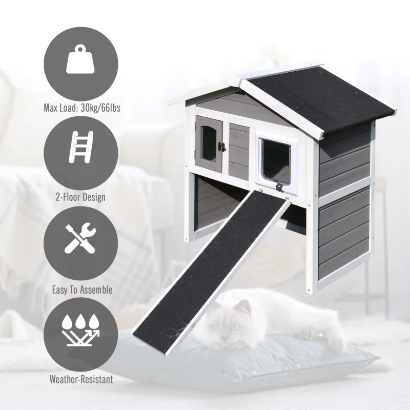 PawHut Solid Wood Cat Condo - Natural Water-Proof Outdoor 2-Floor Pet Shelter