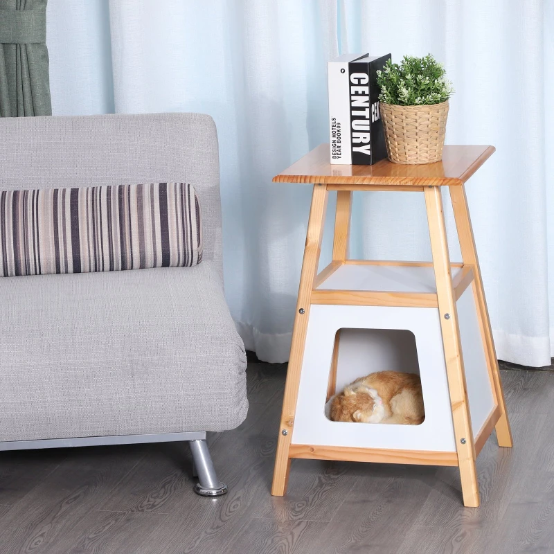 PawHut 24” Modern Wood Cat House and Side Table with Storage Shelf