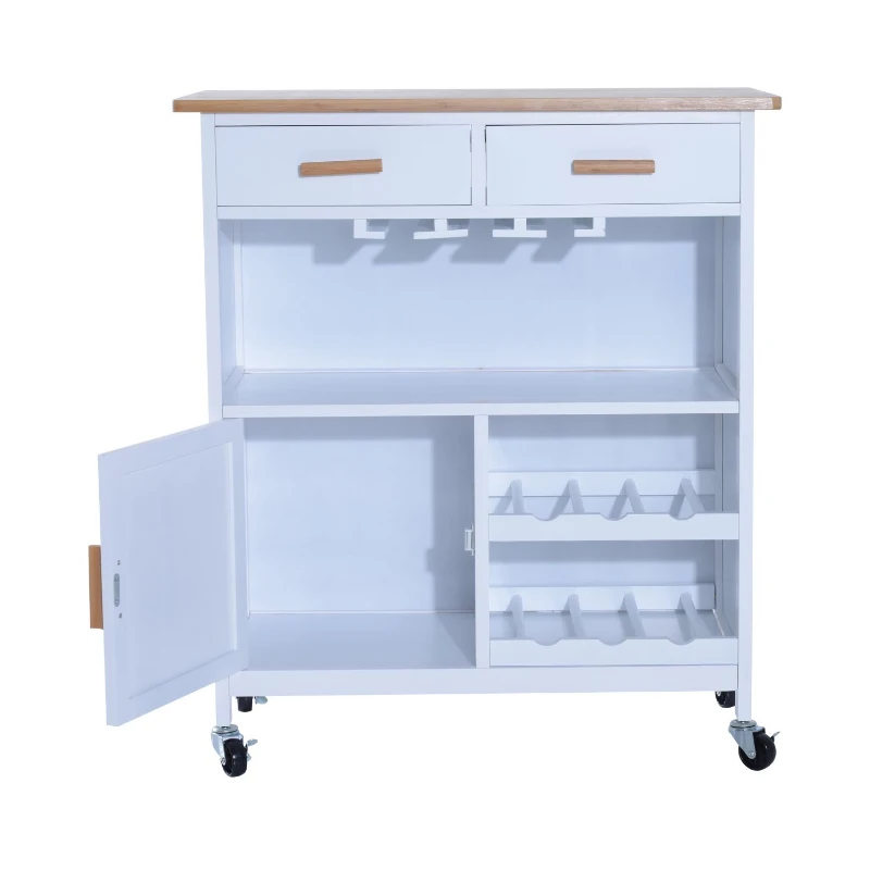 HomCom 30" Kitchen Island Rolling Cart With 6 Bottle Fancy Wine Rack Stemware Storage