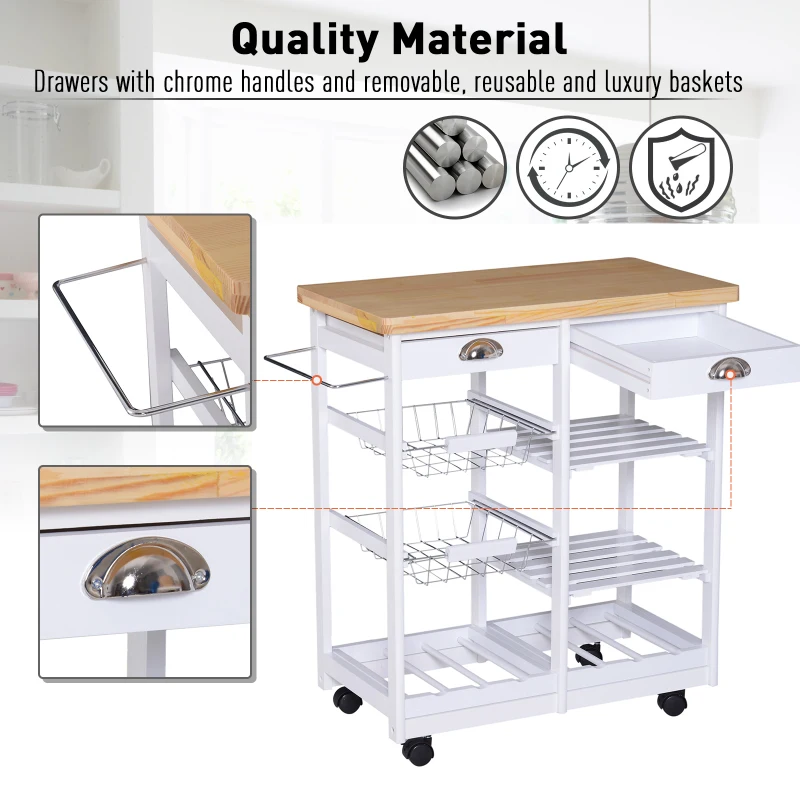 HOMCOM 30” Rolling Wood Top Kitchen Island Trolley Cart - White