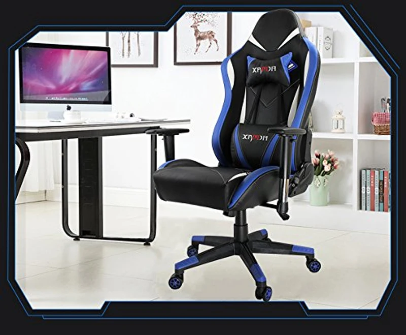 Office Chair Ergonomic Racing Style Computer Chair High-Back PC Swivel Seat with Massage Lumbar Support and Headrest Pillow - Blue/Black