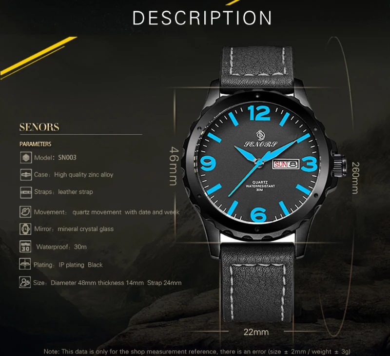 SENORS Mens Sports Watches Japan Movement Genuine Leather Band Three Quartz Movement Man Clocks Waterproof--black leather strap and blue dial plate