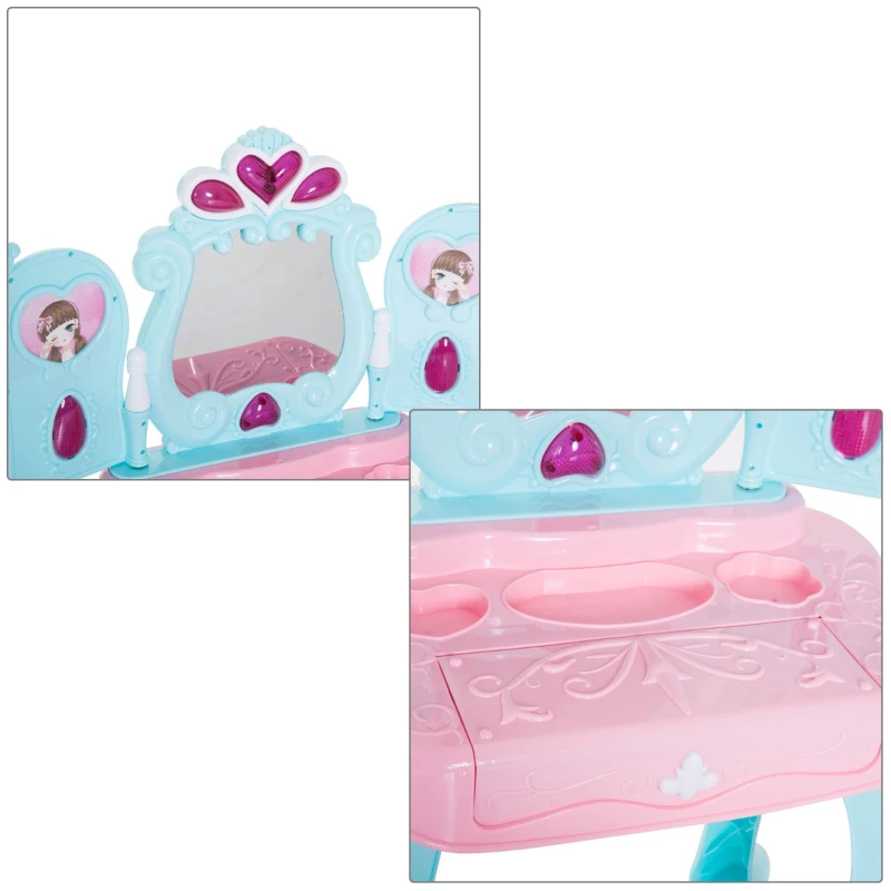 Qaba 2-in-1 Kids Pretend Play Set Piano Princess Vanity Table with Lights, Sounds and Accessories - Light Blue / Pink