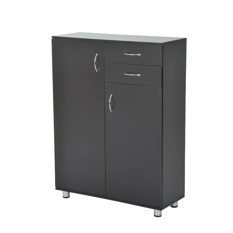 HomCom Wooden Two Door Shoe Shelf Storage Organizer With Drawers - Dark Coffee