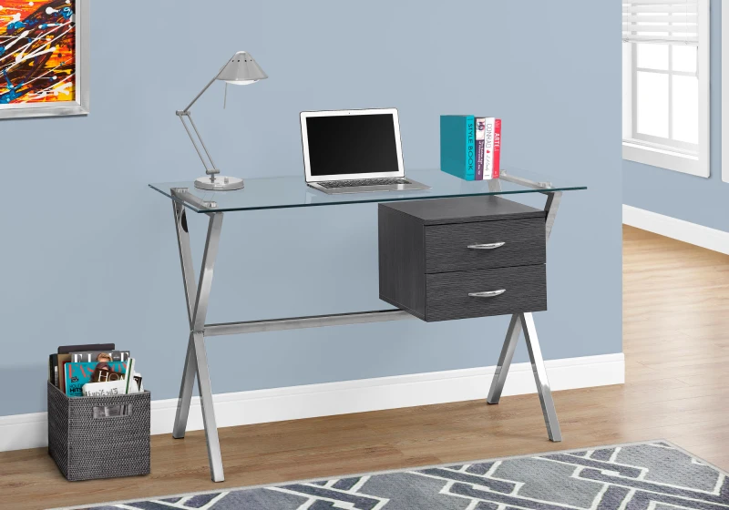 Monarch 48" Contemporary X Braced Tempered Glass Top Writing Computer Desk with Drawers - Grey / Chrome Metal