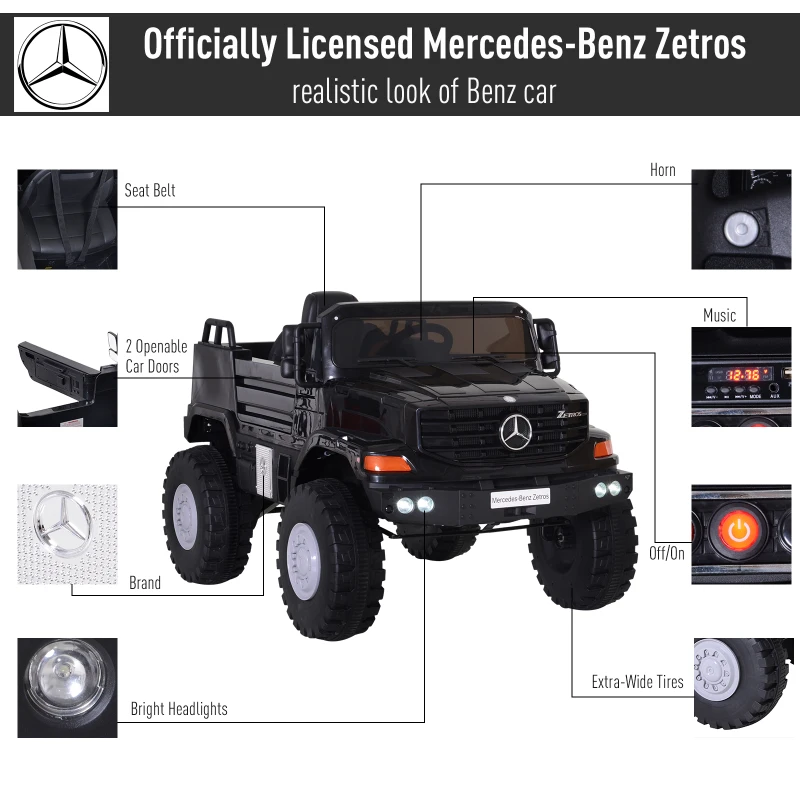 Aosom 12V Mercedes-Benz Zetros Kids Ride On Car Off Road Truck with Remote Control - Black