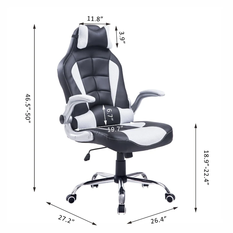 HomCom High Back Racing Style Ergonomic Gaming Chair With Armrest, Lumbar And Head Support - White / Black