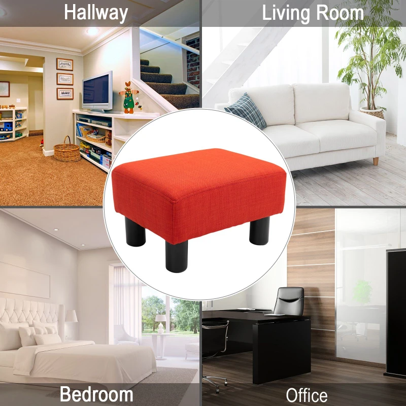 HOMCOM Ottoman Foot Rest, Small Foot Stool with Linen Fabric Upholstery and Plastic Legs, Cube Ottoman for Living Room, Red