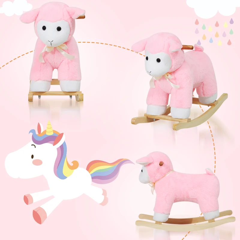 Qaba Lamb Rocking Horse Sheep Stuffed Animal Ride On Rocker for Kids / Nursery - Wooden Plush - Pink