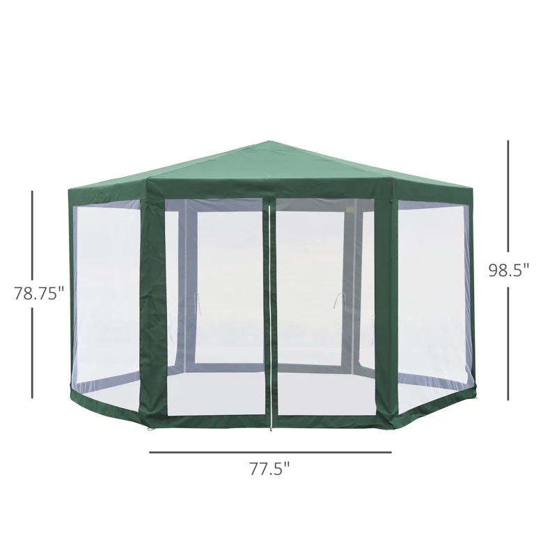 Outsunny Outdoor Hexagon Gazebo Cathedral Style Roof Party Gazebo with Mesh Walls - Green