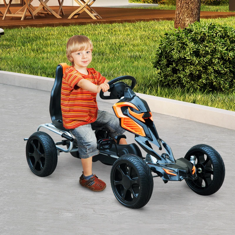 Aosom Kids Outdoor Pedal Powered Ride-On Go Kart Racer Car with Hand Brake and Non-Slip Wheels - Orange