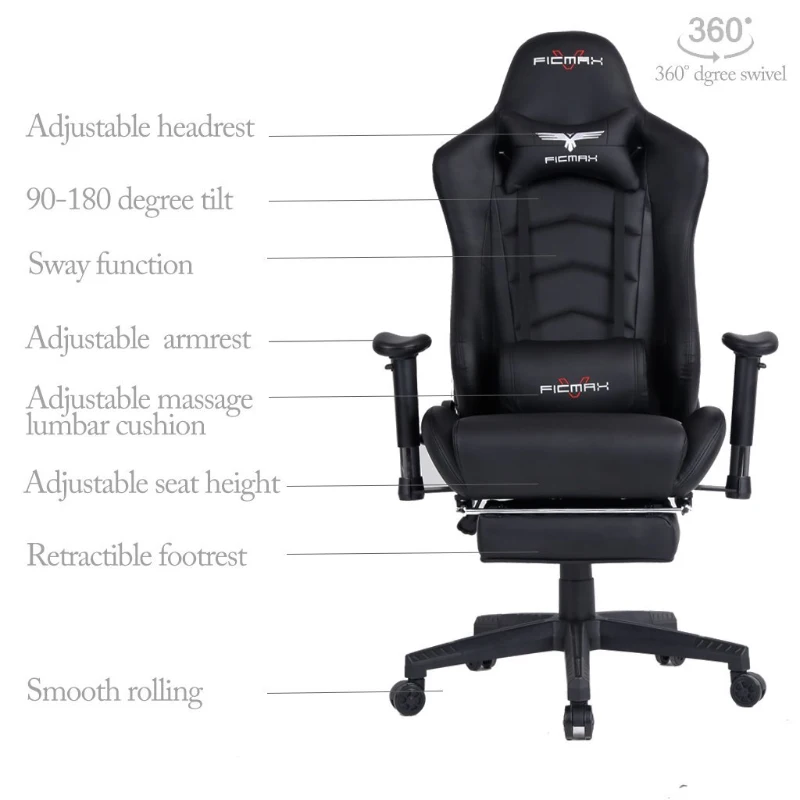 Ficmax Ergonomic  Racing Style Gaming Chair  High-Back Computer  PC Swivel  Seat with Massage Lumbar  Support and Headrest Pillow -Black