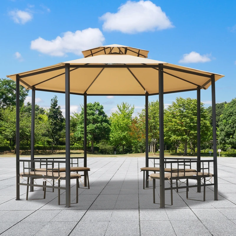 Outsunny 12.5' Outdoor Octagon Patio Gazebo Pavilion Canopy Tent with Benches - Light Brown