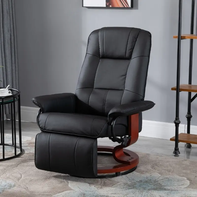 HOMCOM Faux Leather Manual Recliner, Adjustable Swivel Lounge Chair with Footrest, Armrest and Wrapped Wood Base for Living Room - Black