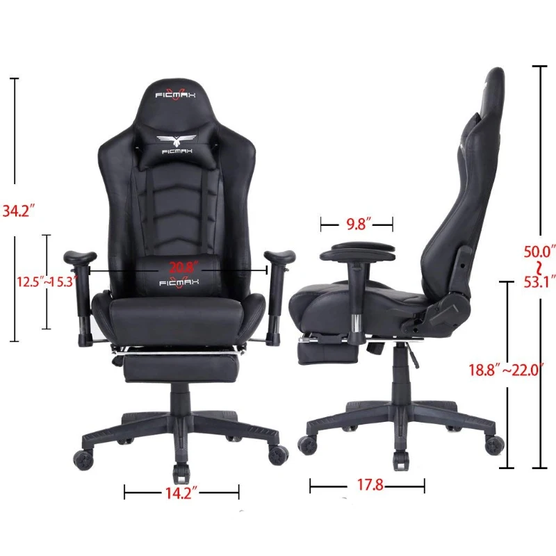 Ficmax Ergonomic  Racing Style Gaming Chair  High-Back Computer  PC Swivel  Seat with Massage Lumbar  Support and Headrest Pillow -Black