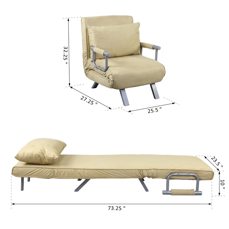 HomCom Single Person Folding 5 Position Steel Convertible Sleeper Bed Sofa Chair- Cream White